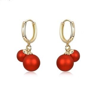 18K GP Red pearls hoop earrings